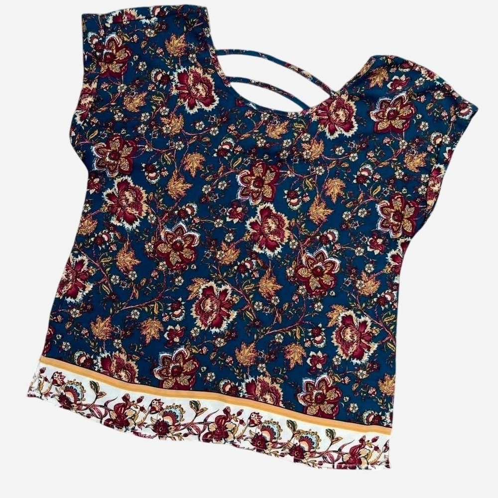 Pink Rose boho colorblock floral print top with flutter sleeves blue red multi